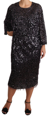 Black Sequined Long Sleeve Shift Midi Dress