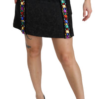 Black Crystal Embellished High Waist Skirt