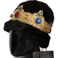 Brown Mink Fur Women Beanie Crystal Crown