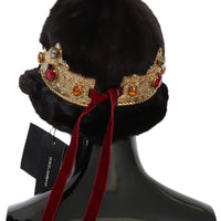 Brown Mink Fur Women Beanie Crystal Crown