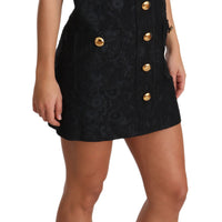 Black Button Embellished Jacquard Mini Dress