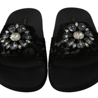 Black Lace Crystal Sandals Slides Beach Shoes