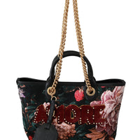 Black Floral Amore Patch Tote Borse CAPRI Leather Bag
