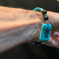 Turquoise Turtles Black Glass Beads Man's Bracelet