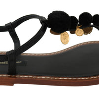 Black Leather Coins Flip Flops Sandals Shoes