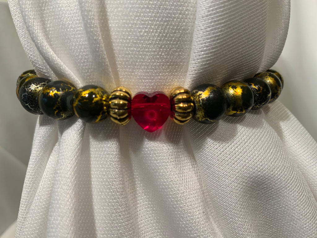 Red Crystal Heart with Gold and Grey Beads Bracelet