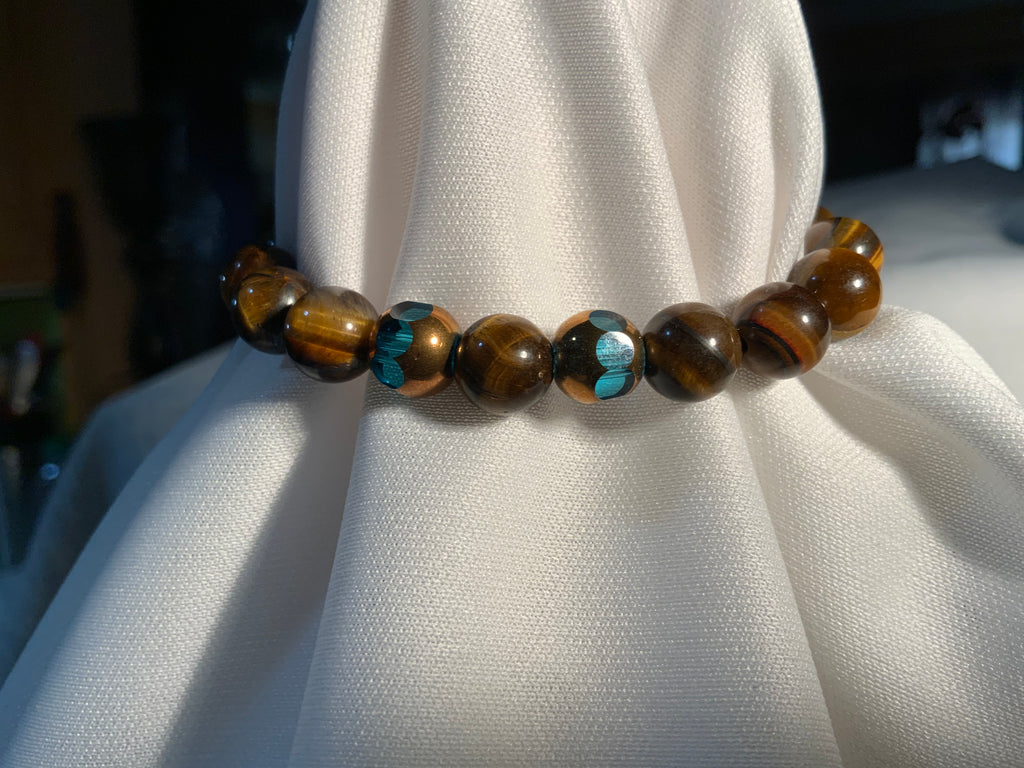 Tiger Eye Beads 8mm with 2 Blue Bronze Glass Beads Men's Bracelet