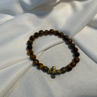 Tiger Eye Beads 6mm with Bronze Cross Men's Bracelet