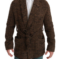 Brown Checkered Wool Robe Coat  Wrap Jacket