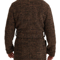 Brown Checkered Wool Robe Coat  Wrap Jacket