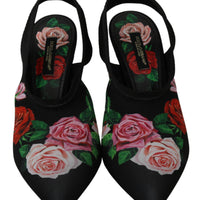 Black Roses Stretch Slingback Pumps Shoes