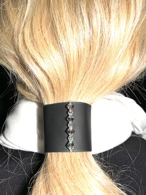 Swarovski Paradise Shine Crystals on Black Leather  Hair Tie