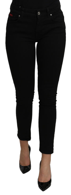 Black Mid Waist Slim Denim Stretch Cotton Jeans