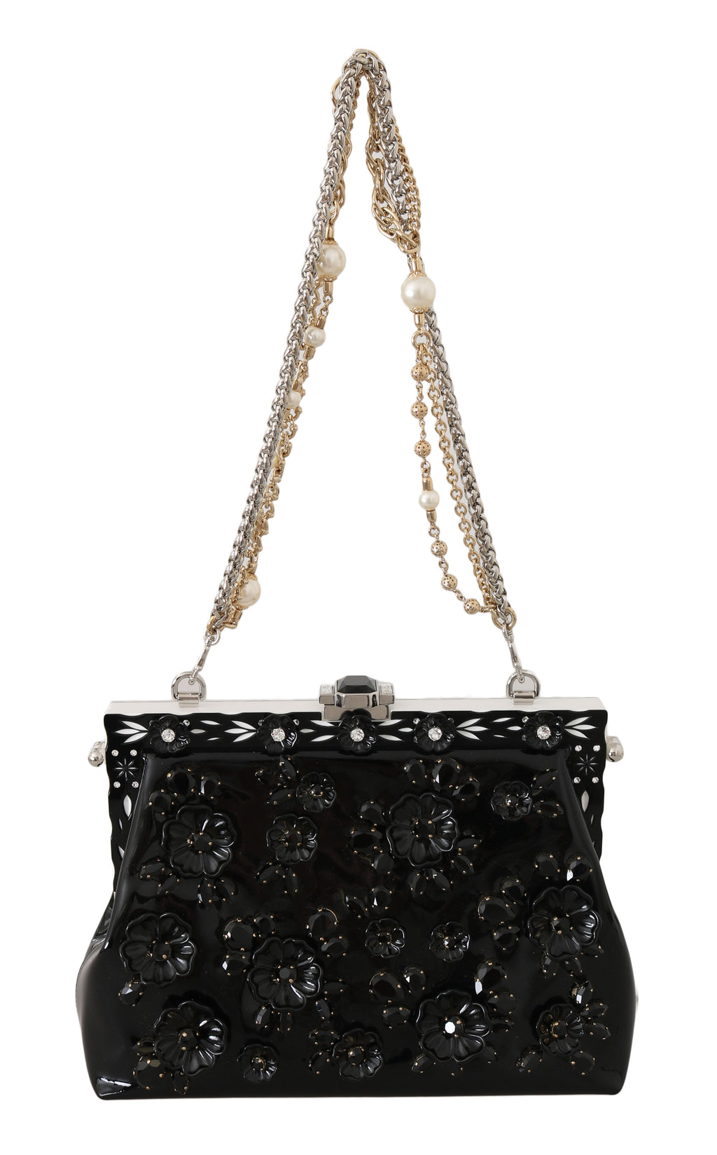 Black Patent VANDA Leather Floral Crystal Purse