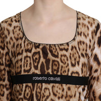 Brown Round Neck Leopard Women Top Blouse