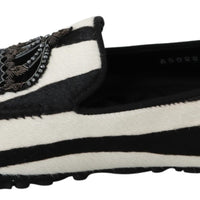 Black White Zebra Leather Crown Slippers Loafers Shoes