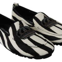 Black White Zebra Leather Crown Slippers Loafers Shoes