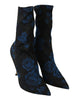 Black Stretch Blue Roses Ankle Boots Shoes