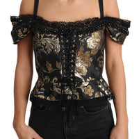 Black Gold Floral Jacquard Crystal Blouse