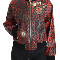 Red Leopard Button Crystal Leather Jacket