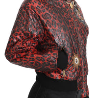 Red Leopard Button Crystal Leather Jacket