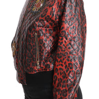 Red Leopard Button Crystal Leather Jacket