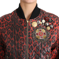 Red Leopard Button Crystal Leather Jacket