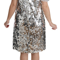 Silver Sequined Crystal Shift Gown Dress