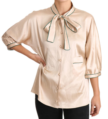 Beige Ribbon Silk Stretch Top Blouse