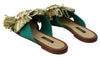 Green Leather Rafia Crystal Sandals Shoes