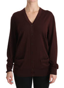 Maroon V-neck Cardigan Top Virgin Wool Sweater