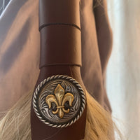 Fleur-de-lis Concho on Black Leather Hair Wrap Tie, or in Brown Grey Leather