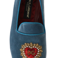 Blue Velvet Flats Heart Loafers Shoes