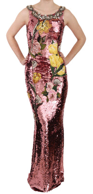 Pink Crystal Sequined Tulip Sheath Gown Dress