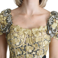 Gold Crystal Embellished Lace Sheath Maxi Dress