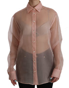 Pink See Through Collared Shirt Top Blouse