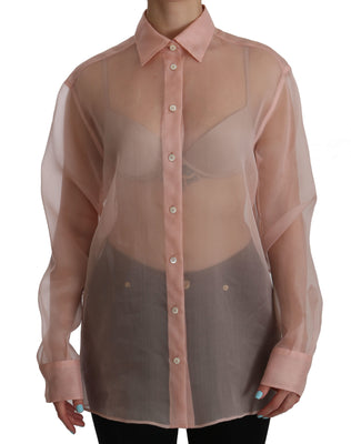 Pink See Through Collared Shirt Top Blouse