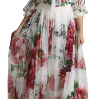 White Floral Rose Silk Print Floor Length Dress