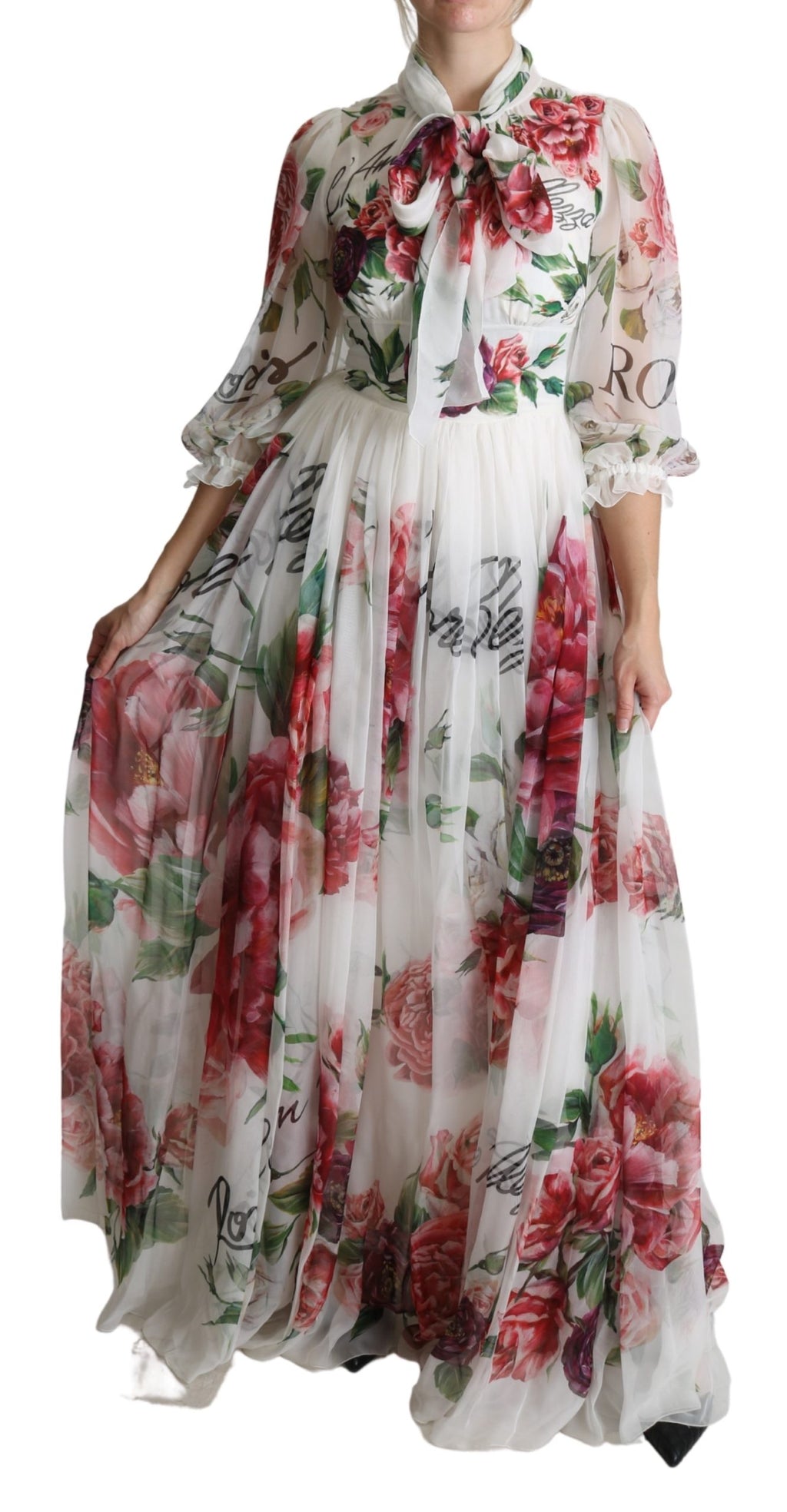 White Floral Rose Silk Print Floor Length Dress