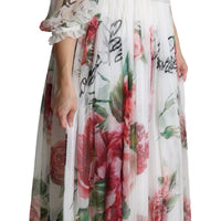 White Floral Rose Silk Print Floor Length Dress