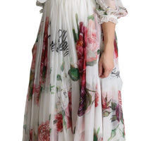 White Floral Rose Silk Print Floor Length Dress