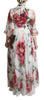 White Floral Rose Silk Print Floor Length Dress