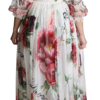 White Floral Rose Silk Print Floor Length Dress