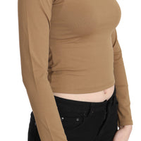 Brown Round Neck Long Sleeve Slim Crop Top Blouse