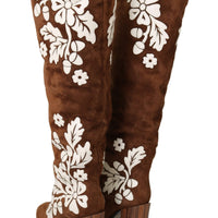 Brown Suede Floral Knee High Boots Shoes