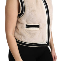 Beige Fur Sleeveless Vest Polyester Top