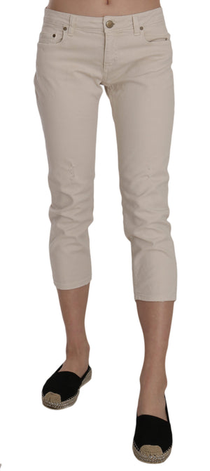 Beige Cotton Stretch Low Waist Skinny Cropped Capri Jeans