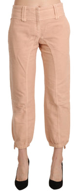 Beige Mid Waist Cropped Cotton Trouser Pants