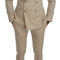 Beige Double Breasted 3 Piece Wool Suit