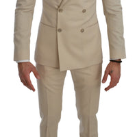 Beige Double Breasted 3 Piece Wool Suit